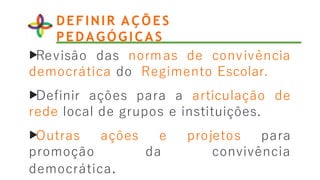 ▶
Outras ações
promoção
democrática.
e projetos para
da convivência
DEFINIR AÇÕES
PEDAGÓGICAS
▶
Revisão das normas de convivência
democrática do Regimento Escolar.
▶
Definir ações para a articulação de
rede local de grupos e instituições.
 