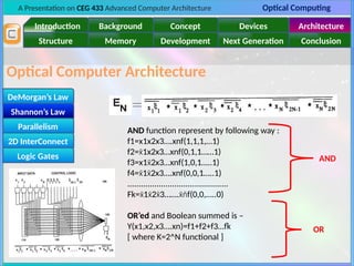 A Presentation on CEG 433 Advanced Computer Architecture Optical Computing
Introduction Background Concept Devices Architecture
Memory
Structure Development Next Generation Conclusion
Optical Computer Architecture
DeMorgan’s Law
Shannon’s Law
Parallelism
2D InterConnect
Logic Gates
Shannon’s Law
AND function represent by following way :
f1=x1x2x3….xnf(1,1,1,…1)
f2= 1x2x3…xnf(0,1,1……1)
x̄
f3=x1 2x3…xnf(1,0,1…..1)
x̄
f4= 1 2x3….xnf(0,0,1…..1)
x̄ x̄
.............................................
Fk= 1 2 3……. f(0,0,…..0)
x̄ x̄ x̄ x̄n̄
OR’ed and Boolean summed is –
Y(x1,x2,x3….xn)=f1+f2+f3…fk
[ where K=2^N functional ]
AND
OR
 