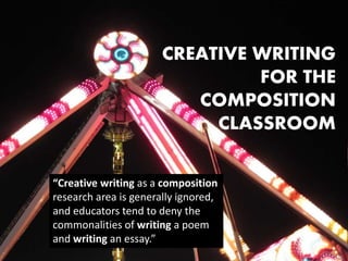 CREATIVE WRITING
FOR THE
COMPOSITION
CLASSROOM
“Creative writing as a composition
research area is generally ignored,
and educators tend to deny the
commonalities of writing a poem
and writing an essay.”
 