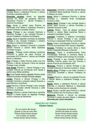 Castanha: Ajuda a perder peso Protege o seu         Cogumelo: Controla a pressão arterial Baixa
coração Baixa o colesterol Previne o câncer         o colesterol Mata bactérias Previne o câncer
Controla a pressão arterial                         Fortalece os ossos
Pimentão picante: Ajuda na digestão                 Aveia: Baixa o colesterol Previne o câncer
Suaviza as dores da garganta Remove                 Combate a        diabetes Evita constipação
abscessos Previne o câncer Fortalece o              Suaviza a pele
sistema imunológico                                 Azeite doce: Protege o seu coração Ajuda a
Figo: Ajuda a perder peso Previne as                perder peso Previne o câncer Combate a
tromboses AVC Baixa o colesterol Previne o          diabetes Suaviza a pele
câncer Controla a pressão arterial                  Cebola: Reduz risco de ataque cardíaco
Peixe: Protege o seu coração Estimula a             Previne o câncer Mata bactérias Baixa o
memória Protege o seu coração Previne o             colesterol Combate Fungos
câncer Fortalece o sistema imunológico              Laranjas: Fortalece o sistema imunológico
Linho: Ajuda a digestão Combate as diabetes         Previne o câncer Protege o seu coração
Protege o seu coração Fortalece o cérebro           Favorece a respiração Elimina o escorbuto
Fortalece o sistema imunológico                     Peras: Evita a Constipação Previne o câncer
Alho: Baixa o colesterol Controla a pressão         Previne as tromboses AVC Ajuda a digestão
arterial Previne o câncer Mata bactérias            Ananás: Fortalece os ossos Alivia a febre
Combate Fungos                                      Ajuda a digestão Bloqueia a diarreia
Toranja: Protege contra ataques cardíacos           Ameixas: Tarda o envelhecimento Evita
Promove a perda de peso Previne as                  Constipação Estimula a memória Baixa o
tromboses AVC Previne o câncer da Próstata          colesterol Protege contra doença do coração
Baixa o colesterol                                  Arroz: Protege o seu coração Combate a
Uva: Protege a Visão Previne pedra nos rins         diabetes Previne pedra nos rins Previne o
Previne o câncer Aumenta o fluxo de sangue          câncer Previne as tromboses AVC
Protege o seu coração                               Morango: Previne o câncer Protege o seu
Chá Verde: Previne o câncer Protege o seu           coração Estimula a memória Acalma o stress
coração Previne as tromboses AVC Ajuda a            Batata doce: Protege a sua visão Levanta a
perder peso Mata bactérias                          disposição Combate o câncer Fortalece os
Mel: Cura Feridas Ajuda a digestão Previne contra   ossos
Úlceras Aumenta a energia Combate alergias          Tomate:Previne o câncer na próstata Previne
Limão: Previne o câncer Protege o seu               o câncer Baixa o colesterol Protege o seu
coração Controla a pressão arterial Suaviza a       coração
pele Elimina o escorbuto                            Nozes: Baixa o colesterol Previne o câncer
Lima Previne o câncer Protege o seu coração         Estimula a memória Melhora a disposição
Controla a pressão arterial Suaviza a pele          Protege contra doenças do coração
Elimina o escorbuto                                 Àgua: Ajuda a perder peso Previne o câncer
Manga: Previne o câncer Estimula a memória          Previne pedra nos rins Suaviza a pele
Regula a tiroide Ajuda na digestão Protege          Melancia: Previne o câncer na próstata
contra a doença de Alzheimer                        Promove a perda de peso Baixa o colesterol
                                                    (Enviada por Lúcio Cavadas)

                                    ORAÇÃO AO TEMPO
                                         Caetano Veloso
          És um senhor tão bonito                              Compositor de destinos
         Quanto a cara do meu filho                          Tambor de todos os ritmos
         Tempo tempo tempo tempo                             Tempo tempo tempo tempo
           Vou te fazer um pedido                             Entro num acordo contigo
        Tempo tempo tempo tempo...                          Tempo tempo tempo tempo...
 