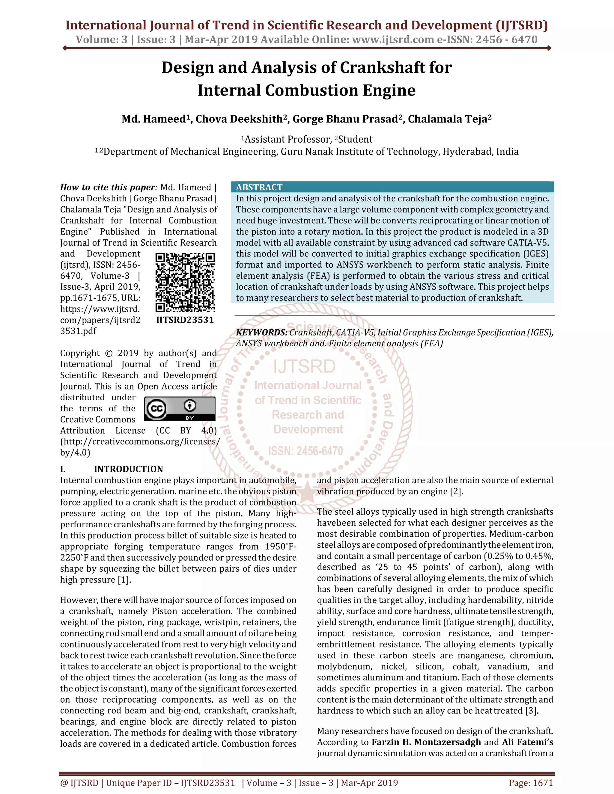 Design and Analysis of Crankshaft for Internal Combustion Engine | PDF