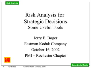 Risk Analysis
Some Useful Tools
1 10/16/2002 ©
Eastman Kodak Company, 2002
Risk Analysis for
Strategic Decisions
Some Useful Tools
Jerry E. Boger
Eastman Kodak Company
October 16, 2002
PMI – Rochester Chapter
 
