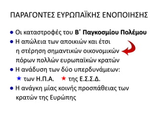 ΠΑΡΑΓΟΝΣΕ΢ ΕΤΡΩΠΑÏΚΗ΢ ΕΝΟΠΟΙΗ΢Η΢
● Οι καταςτροφζσ του Β΄ Παγκοςμίου Πολέμου
● Η απϊλεια των αποικιϊν και ζτςι
θ ςτζρθςθ ςθμαντικϊν οικονομικϊν
πόρων πολλϊν ευρωπαϊκϊν κρατϊν
● Η ανάδυςθ των δφο υπερδυνάμεων:
 των Η.Π.Α.  τθσ Ε.΢.΢.Δ.
● Η ανάγκθ μίασ κοινισ προςπάκειασ των
κρατϊν τθσ Ευρϊπθσ
 