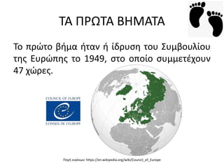 ΣΑ ΠΡΩΣΑ ΒΗΜΑΣΑ
Σο πρϊτο βιμα ιταν ι ίδρυςθ του ΢υμβουλίου
τθσ Ευρϊπθσ το 1949, ςτο οποίο ςυμμετζχουν
47 χϊρεσ.
Πθγι εικόνων: https://en.wikipedia.org/wiki/Council_of_Europe
 