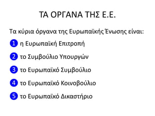 ΣΑ ΟΡΓΑΝΑ ΣΗ΢ Ε.Ε.
Σα κφρια όργανα τθσ Ευρωπαϊκισ Ζνωςθσ είναι:
❶ θ Ευρωπαϊκι Επιτροπι
❷ το ΢υμβοφλιο Τπουργϊν
❸ το Ευρωπαϊκό ΢υμβοφλιο
❹ το Ευρωπαϊκό Κοινοβοφλιο
❺ το Ευρωπαϊκό Δικαςτιριο
 