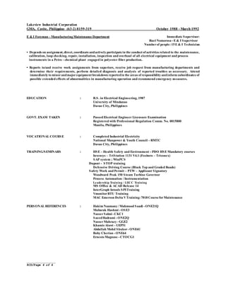 _______________
RCD/Page 4 of 4
Lakeview Industrial Corporation
GMA, Cavite, Philippine (63-2) 8159-319 October 1988 - March 1992
E & I Foreman – Manufacturing Maintenance Department Immediate Supervisor:
Ruel Nomorosa - E & I Supervisor
Numberof people: 15 E & I Technician
• Depends on assignment, direct, coordinateandactively participatein the conduct of activities related to the maintenance,
calibration, loop checking, repair, installation, inspection and overhaul of all electrical equipment and process
instruments in a Petro - chemical plant engaged in polyester fiber production.
• Reports to/and receive work assignments from superiors, receive job request from manufacturing departments and
determine their requirements, perform detailed diagnosis and analysis of reported troubles as necessary. Attend
immediately to minorandmajorequipment breakdown reportedin the areas of responsibility andinform subordinates of
possible extended effects of abnormalities in manufacturing operation and recommend emergency measures.
EDUCATION : B.S. in Electrical Engineering, 1987
University of Mindanao
Davao City, Philippines
GOVT. EXAM TAKEN : Passed Electrical Engineer Licensure Examination
Registered with Professional Regulation Comm. No. 0015800
Manila, Philippines
VOCATIONAL COURSE : Completed Industrial Electricity
National Manpower & Youth Council - RMTC
Davao City, Philippines
TRAINING/SEMINARS : HSE – Health Safety and Environment - PDO HSE Mandatory courses
Invensys – TriStation 1131 V4.1 (Foxboro – Triconex)
SAP system ; WinPCS
Dupont - STOP training
Defensive Driving Course (Black Top and Graded Roads)
Safety Work and Permit – PTW – Applicant Signatory
Woodward Peak 150 Steam Turbine Governor
Process Automation / Instrumentation
Leadership Training / LECC Training
MS Office & ACAD Release 14
InterGraph Intools SPITraining
VmonitorRTU Training
MAC Emerson Delta VTraining: 7018 CourseforMaintenance
PERSONAL REFERENCES : Hakim Naamany /Mahmood Saadi - ONE21Q
Mubarak Hashmi - OSE3
NasserSalmi - CKC1
SaeedHadrami - ONE2Q
NasserMahrazy - GGE2
Khamis Alawi – UEP51
Abdullah Mohd Shukor- ONE6U
Boby Cherian - ONE64
Ernesto Magnase - CTOCG1
 