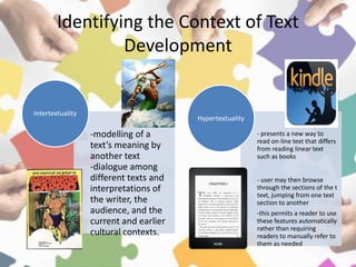 Identifying the Context of Text
Development
-modelling of a
text’s meaning by
another text
-dialogue among
different texts and
interpretations of
the writer, the
audience, and the
current and earlier
cultural contexts.
Intertextuality
- presents a new way to
read on-line text that differs
from reading linear text
such as books
- user may then browse
through the sections of the t
text, jumping from one text
section to another
-this permits a reader to use
these features automatically
rather than requiring
readers to manually refer to
them as needed
Hypertextuality
 