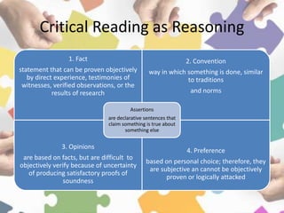 Critical Reading as Reasoning
1. Fact
statement that can be proven objectively
by direct experience, testimonies of
witnesses, verified observations, or the
results of research
2. Convention
way in which something is done, similar
to traditions
and norms
3. Opinions
are based on facts, but are difficult to
objectively verify because of uncertainty
of producing satisfactory proofs of
soundness
4. Preference
based on personal choice; therefore, they
are subjective an cannot be objectively
proven or logically attacked
Assertions
are declarative sentences that
claim something is true about
something else
 