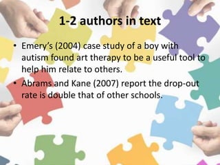 1-2 authors in text
• Emery’s (2004) case study of a boy with
autism found art therapy to be a useful tool to
help him relate to others.
• Abrams and Kane (2007) report the drop-out
rate is double that of other schools.
 