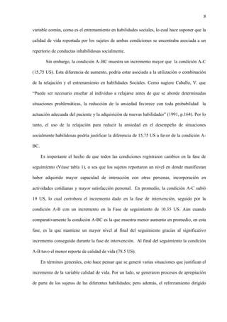 8
variable común, como es el entrenamiento en habilidades sociales, lo cual hace suponer que la
calidad de vida reportada por los sujetos de ambas condiciones se encontraba asociada a un
repertorio de conductas inhabilidosas socialmente.
Sin embargo, la condición A–BC muestra un incremento mayor que la condición A-C
(15,75 US). Esta diferencia de aumento, podría estar asociada a la utilización o combinación
de la relajación y el entrenamiento en habilidades Sociales. Como sugiere Caballo, V. que
“Puede ser necesario enseñar al individuo a relajarse antes de que se aborde determinadas
situaciones problemáticas, la reducción de la ansiedad favorece con toda probabilidad la
actuación adecuada del paciente y la adquisición de nuevas habilidades” (1991, p.164). Por lo
tanto, el uso de la relajación para reducir la ansiedad en el desempeño de situaciones
socialmente habilidosas podría justificar la diferencia de 15,75 US a favor de la condición A-
BC.
Es importante el hecho de que todos las condiciones registraron cambios en la fase de
seguimiento (Véase tabla 1), o sea que los sujetos reportaron un nivel en donde manifiestan
haber adquirido mayor capacidad de interacción con otras personas, incorporación en
actividades cotidianas y mayor satisfacción personal. En promedio, la condición A-C subió
19 US, lo cual corrobora el incremento dado en la fase de intervención, seguido por la
condición A-B con un incremento en la Fase de seguimiento de 10.35 US. Aún cuando
comparativamente la condición A-BC es la que muestra menor aumento en promedio, en esta
fase, es la que mantiene un mayor nivel al final del seguimiento gracias al significativo
incremento conseguido durante la fase de intervención. Al final del seguimiento la condición
A-B tuvo el menor reporte de calidad de vida (78.5 US).
En términos generales, esto hace pensar que se generó varias situaciones que justifican el
incremento de la variable calidad de vida. Por un lado, se generaron procesos de apropiación
de parte de los sujetos de las diferentes habilidades; pero además, el reforzamiento dirigido
 