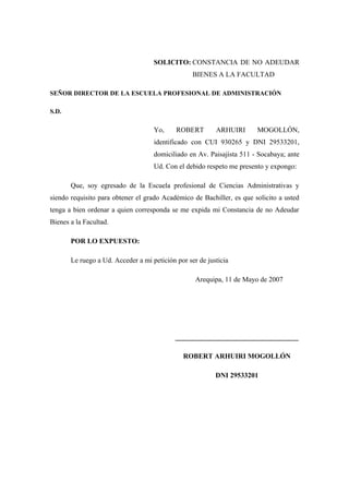 SOLICITO: CONSTANCIA DE
NO ADEUDAR
MATERIAL
BIBLIOGRÁFICO A
LA FACULTAD
SEÑOR DIRECTOR DE LA ESCUELA PROFESIONAL DE CONTAB...