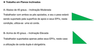  Trabalho em Planos Inclinados
A- Abaixo de 45 graus. - Inclinação Moderada
Trabalhador com ambos os pés apoiados, e seu o peso estará
sendo suportado pela superfície de apoio e seus EPI's, nesta
condição, utiliza-se uma só corda.
B- Acima de 45 graus. - Inclinação Elevada
Trabalhador suportadoa apenas pelos seus EPI's, neste caso
a utilização de corda dupla é obrigatória.
 