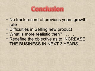 No track record of previous years growth rate Difficulties in Selling new product What is more realistic then? . . . . . Redefine the objective as to INCREASE THE BUSINESS IN NEXT 3 YEARS. 