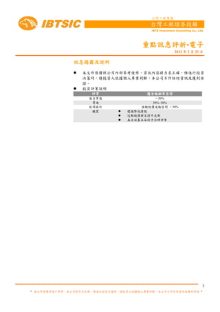 IBTSIC
                                          台灣工銀集團
                                          台灣工銀證券投顧
                                          IBTS Investment Consulting Co., Ltd.




                                       重點訊息評析-電子
                                                         2012 年 2 月 23 日

               訊息揭露及說明
                  本文件係僅供公司內部參考使用，資訊內容將力求正確，惟進行投資
                   決策時，請投資人依據個人專業判斷，本公司不作任何資訊及獲利保
                   證。
                  投資評等說明
                     評等                 隱含報酬率空間
                    強力買進                    > 50%
                     買進                   30%~50%
                    區間操作              預期股價波動區間 < 30%
                     觀望          建議降低持股
                                 近期股價將呈持平走勢
                                 無法由基本面給予合理評等




                                                            2
 本文件係僅供客戶參考，本公司將力求正確，惟進行投資決策時，請投資人依據個人專業判斷，本公司不作任何資訊及獲利保證 
 