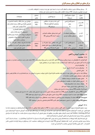 ‫کاران‬ ‫سيستم‬ ‫رساوی‬ ‫اطالع‬ ‫ي‬ ٌ‫مشاير‬ ‫مرکس‬
WWW.SYSTEMKARAN.COM9
4)ُٙ‫پطؾ‬‫پیٕب٘ىبض‬ٖٚ‫ثس‬‫زضیبفت‬ٚ‫اِهبق‬‫وبضت‬‫تطزز‬ٝ‫ث‬ٝٙ‫ؾی‬‫ذٛز‬‫حك‬‫تطزز‬ٚ‫ٚضٚز‬‫ضا‬‫٘رٛاٞٙس‬‫زاقت‬ٚ. ....
‫ٔمطضات‬ ٚ ٗ‫لٛا٘ی‬ ‫فٟطؾت‬HSEٍ‫ٔطتج‬‫ثب‬‫ٞبی‬ ‫فٗبِیت‬ٜ‫پطٚغ‬ٝ‫ث‬‫قطح‬َٚ‫رس‬ُ‫شی‬‫ٔیجبقس‬:
ٖ‫ٖٙٛا‬
‫فٗبِیت‬
ُِٕٗ‫زؾتٛضا‬ ٖ‫ٖٙٛا‬
َٝٛ‫ٔطث‬
‫لب٘ٛ٘ی‬ ٕ‫ٔطر‬
َٛ‫ٔؿئ‬
‫پبیف‬
‫تٛيیحبت‬
1
‫ثبال‬ٖ‫ثطز‬
‫ٔهبِح‬
ُِٕٗ‫زؾتٛضا‬‫ایٕٙی‬
ُٕ‫ح‬
‫ثبض‬
ٗ‫آیی‬ٝٔ‫٘ب‬ٚ‫ٔمطضات‬‫حفبْتی‬
ٖ‫ؾبذتٕب‬‫وبضٌبٟٞب‬ٜ‫ٔبز‬58
‫ٚیطایف‬89
َٛ‫ٔؿئ‬
HSE
ُ‫فٛان‬ٗ‫ثی‬‫رساض‬‫اتبله‬‫یب‬ٝ‫لفؿ‬‫اؾب٘ؿٛض‬ٚ
ّٝ‫فبن‬ ٗ‫ٕٞچٙی‬ٗ‫ثی‬‫اتبله‬ٚٝ٘‫ٚظ‬َ‫تٗبز‬‫٘جبیس‬
‫اظ‬25.‫ثبقس‬ ‫وٕتط‬ ‫ٔیّیٕتط‬
2
‫وبض‬‫زض‬
ٔ‫اضتفب‬
ُِٕٗ‫زؾتٛضا‬ٜ‫اؾتفبز‬‫اظ‬
ُ‫ٚؾبی‬‫حفبْت‬‫فطزی‬
‫ا٘فطازی‬ ‫حفبْت‬ ُ‫ٚؾبی‬ ٝٔ‫٘ب‬ ٗ‫آیی‬
ُ‫فه‬7ٜ‫ٔبز‬49‫ٚیطایف‬89
َٛ‫ٔؿئ‬
HSE
‫وٕطثٙسٞبی‬ٖ‫إَیٙب‬ٚ
‫تؿٕٟٟبیی‬ٝ‫و‬‫ضٚی‬ٝ٘‫قب‬ٚ‫ؾبیط‬
‫تؿٕٟٟبی‬ٌٛ‫ٔطث‬ٝ‫ث‬ٖ‫آ‬‫ثبیس‬‫اظ‬ْ‫چط‬ٓ‫ٔحى‬‫یب‬
‫ثطظ٘تی‬‫وٙفی‬ ‫یب‬‫یب‬‫ؾبیط‬‫ٔٛاضز‬‫ٔرهٛل‬
‫ٚٔٙبؾت‬ٝ‫ؾبذت‬‫قٛز‬
3
‫ا٘جبض‬ٖ‫وطز‬
‫ٔبیٗبت‬
‫ذُط٘بن‬
ُِٕٗ‫زؾتٛضا‬‫وبض‬‫ثب‬
‫ٔٛاز‬
‫قیٕیبیی‬ُٚ‫لبث‬َ‫اقتٗب‬
ٗ‫آیی‬ٝٔ‫٘ب‬‫حفبْتی‬‫ٔٛاز‬‫ذُط٘بن‬ٚ
‫ٔٛاز‬ُ‫لبث‬َ‫اقتٗب‬ٚ‫ٔٛاز‬ُ‫لبث‬‫ا٘فزبض‬
ُ‫فه‬4ٜ‫ٔبز‬53‫ٚیطایف‬89
َٛ‫ٔؿئ‬
HSE
ٝ‫ثكى‬‫ٞب‬‫یب‬‫ْطٚف‬‫ٔبیٗبت‬‫ذُط٘ب‬‫ن‬‫ثبیس‬‫زض‬
‫ؾیٕب٘ی،ثتٙی،آرطی‬ ‫ؾىٛٞبی‬ٚ‫یب‬‫ربیٍبٟٞبی‬
‫فّعی‬‫قٛز‬ ‫ٍٟ٘ساضی‬.
11-‫آگبّی‬ ٍ ‫آهَصش‬ ‫صالحیت‬
11-1-‫صالحیت‬
ٝ‫وّی‬‫افطازی‬ٝ‫و‬ٖ‫فٗبِیتكب‬‫زض‬ٝٙ‫ظٔی‬ُ‫ٔؿبئ‬ٍ‫ٔطتج‬HSE‫تبحیط‬‫ٌصاض‬‫اؾت‬ٚ‫یب‬‫ٔی‬‫تٛا٘س‬‫پیبٔسٞبی‬HSEٝ‫زاقت‬‫ثبقکس‬‫ثبیکس‬‫نکالحیت‬ٖ‫ایكکب‬‫زض‬‫ذهکٛل‬
‫أٛضی‬ٝ‫و‬ٝ‫ث‬ٖ‫آ٘ب‬َٛ‫ٔح‬‫ٌطزز‬ ‫ٔی‬‫احجبت‬‫ٌطزز.نالحیت‬‫زض‬ ‫ثبیس‬‫ٔٛاضز‬‫ظیط‬‫زض‬‫ٔكرم‬:‫قٛز‬
‫تٛا٘بییٟبی‬‫فطزی‬
‫ٟٔبضتٟبی‬‫ثسؾت‬ٜ‫آٔس‬‫اظ‬‫َطیك‬ٝ‫تزطث‬
‫زا٘ف‬‫اوتؿبثی‬
‫پیٕب٘ىبض‬‫ثبیس‬‫زض‬ٗ‫ای‬‫ثرف‬‫ضٚـ‬‫ذٛز‬‫ضا‬‫ثطای‬‫تبییس‬‫نالحیت‬‫افطاز‬ٖٓ‫ا‬‫اظ‬ٓ‫زائ‬ٚ،‫ٔٛلت‬‫ضؾٕی‬ٚ‫یب‬‫پیٕب٘ی‬ٚ‫ثس‬ ‫زض‬ْ‫اؾترسا‬ٚ‫یکب‬‫زض‬ْ‫ٍٞٙکب‬‫تغییکط‬ُ‫قکغ‬
‫زض‬‫٘ٓط‬‫ثٍیطز‬.‫ضٚقٟبی‬ٗ‫تٗیی‬‫نالحیت‬‫ٖجبضتٙس‬‫اظ‬:
ُ‫تحّی‬ْ‫٘ٓب‬‫ٔٙس‬‫اِعأبت‬ٍ‫ٔطتج‬‫ثب‬‫ْٚبیف‬
‫اضظیبثی‬‫ّٖٕىطز‬‫افطاز‬‫زض‬ٝ‫ٔمبیؿ‬‫ثب‬‫ٔٗیبضٞبی‬ٗ‫ٔٗی‬
‫قٛاٞس‬‫ٔؿتٙس‬ٜ‫قس‬‫نالحیتٟبی‬‫افطاز‬
‫ٞبیی‬ ٝٔ‫ثط٘ب‬‫ثطای‬‫اضظیبثی‬‫ٔزسز‬‫ای‬ ٜ‫زٚض‬
ٕٝ٘ٛ٘‫ای‬‫اظ‬‫نالحیت‬HSEُٙ‫پطؾ‬ٜ‫پطٚغ‬ٝ‫ث‬‫قطح‬ُ‫شی‬‫ٔیجبق‬‫س‬:
‫نالحیت‬HSE‫پطؾّٙی‬ٝ‫و‬‫فٗبِیتٟبی‬‫ثحطا٘ی‬HSE‫ضا‬ٝ‫ث‬ْ‫ا٘زب‬‫ٔیطؾب٘ٙس‬ٗ‫تٗیی‬ٜ‫قس‬ٚ‫ٔٛضز‬‫اضظیبثی‬‫لطاض‬‫ٔیٍیطز‬ٝ‫و‬ٝ‫ث‬ُ‫شی‬ ‫قطح‬‫ٔیجبقس‬:
‫هذیش‬ُ‫پشٍط‬:‫تٟٗس‬‫٘ؿجت‬ٝ‫ث‬‫ارطاء‬‫ٔٛيٖٛبت‬HSE،ٜ‫پطٚغ‬ٗ‫تبٔی‬ٕ‫ٔٙبث‬‫ٔبِی‬ٚ‫ا٘ؿب٘ی‬‫رٟت‬‫ارطای‬‫ٞبی‬ ٝ‫ضٚی‬HSE
‫سشپشست‬ُ‫کبسگب‬:‫حٕبیت‬‫اظ‬‫ٔٛيٖٛبت‬‫ای‬‫ٕٙی،ثٟساقتی‬ٍٚ‫ٔحی‬،‫ظیؿت‬‫ٕٞبٍٞٙی‬‫رٟت‬‫ارطای‬‫ٞبی‬ ٝٔ‫ثط٘ب‬HSE
‫هسئَل‬HSEُ‫پشٍط‬‫تٛا٘بیی‬ :‫زض‬ٗ‫تسٚی‬‫ٞبی‬ ُِٕٗ‫زؾتٛضا‬‫وبضی‬HSEْ‫ا٘زب‬‫قٙبؾبیی‬ٚ‫ضیؿىٟبی‬ ‫اضظیبثی‬HSE
11-2-‫آهَصش‬
‫رٟت‬َٛ‫حه‬ٖ‫إَیٙب‬‫اظ‬‫ٚرٛز‬‫ٍ٘طـ‬ٚ‫زا٘ف‬‫وبفی‬ٚ‫ٔٙبؾت‬‫٘ؿجت‬ٝ‫ث‬HSEٝ‫ث‬‫ٔٙٓٛض‬‫ایزبز‬‫زض‬ ‫تٛا٘بیی‬‫افطا‬‫ز‬‫ثطای‬ْ‫ا٘زکب‬‫ْٚکبیف‬ٚ‫ٞکب‬ ‫ٔؿکئِٛیت‬ٝ‫ثک‬
ٜٛ‫قی‬ٕٗ‫ای‬،‫ٔی‬‫ثبیؿت‬‫آٔٛظقٟبی‬‫ٔٙبؾجی‬‫زض‬‫اذتیبض‬‫لطاض‬ ‫آٟ٘ب‬‫ٌیطز‬.‫ِصا‬‫قطوت‬‫ٔی‬‫ثبیؿت‬‫زض‬ٜ‫پطٚغ‬‫ٞبی‬‫ذٛز‬‫فطآیٙس‬‫آٔٛظـ‬ٝ‫ث‬ٜ‫ٚیػ‬‫آٔٛظقکٟبی‬ٗ‫حکی‬
‫وبض‬(OJT)ٚToolbox meeting‫ٞب‬‫ضا‬‫رسی‬ٝ‫ٌطفت‬ٚ‫ثُٛض‬ْ‫٘ٓب‬،‫ٔٙس‬‫ُٔبثك‬‫یه‬‫ضٚـ‬‫ارطایی‬‫ضا‬ ٖ‫آ‬‫ثط٘ب‬ٝٔ‫ضیعی‬‫ٕ٘بیکس‬ َ‫ز٘جکب‬ ٚ.ٝ‫ثک‬ٝ‫ٌٛ٘ک‬‫ای‬ٝ‫وک‬ُ‫ٔطاحک‬
،‫٘یبظؾٙزی‬ٝٔ‫ثط٘ب‬،‫ضیعی‬‫ارطا‬ٚ‫اضظیبثی‬‫احط‬‫ثركی‬‫آٔٛظـ‬‫ضا‬‫ارطا‬ ً‫ا‬‫ٔؿتٕط‬‫ٕ٘بیس‬.
ٗ‫ای‬‫ٞب‬ ٜ‫زٚض‬‫ثطای‬ٝ‫وّی‬‫٘یطٚٞب‬‫زض‬ٚ‫ثس‬،ْ‫اؾترسا‬‫ثٛٔی‬ٚ‫غیط‬،‫ثٛٔی‬ٝ‫وّی‬‫ؾُٛح‬‫وبضی‬(‫اظ‬ٖ‫ٔکسیطا‬ٖ‫وکبضٌطا‬ ‫تکب‬)،ٖ‫پیٕب٘ىکبضا‬ٚ.....ٝ‫ثؿکت‬ٝ‫ثک‬‫٘یکبظ‬ٖ‫آ٘کب‬،
ٝٔ‫ثط٘ب‬،‫ضیعی‬‫َطاحی‬ٚ‫ارطا‬‫ٌطزز‬ ‫ٔی‬.ٝ‫وّی‬‫٘یبظٞبی‬‫آٔٛظقی‬HSE‫افطاز‬‫ثب‬ٝ‫تٛر‬ٝ‫ث‬‫قطح‬،‫ْٚبیف‬‫حؿبؾیت‬،‫وکبض‬‫ضیؿکىٟبی‬،ٍ‫ٔکطتج‬‫اِعأکبت‬،‫لکب٘ٛ٘ی‬‫٘ٓکط‬
‫وبضفطٔب‬ٚ...ٖ‫آ٘ب‬ٗ‫تٗیی‬ْٚ‫السا‬‫آٔٛظقی‬‫ٔتٙبؾت‬‫ثب‬‫آٟ٘ب‬‫ارطا‬‫ٌطزز‬ ‫ٔی‬.
 