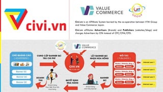 Civi.vn is an Affiliiate System borned by the co-operation between VTM Group
and Value Commerce Japan.
Civi.vn affiliates Advertisers (Brands) and Publishers (websites/blogs) and
charges Advertisers by CPA instead of CPC/CPM/CPD.
 