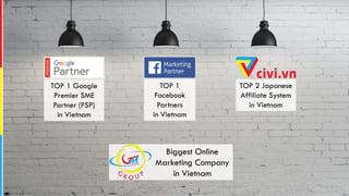 TOP 1 Google
Premier SME
Partner (PSP)
in Vietnam
TOP 1
Facebook
Partners
in Vietnam
Biggest Online
Marketing Company
in Vietnam
TOP 2 Japanese
Affiliate System
in Vietnam
 