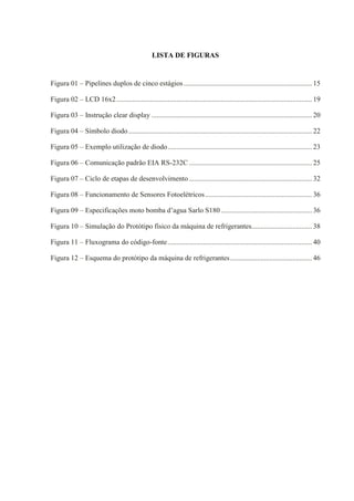 LISTA DE FIGURAS
Figura 01 – Pipelines duplos de cinco estágios........................................................................15
Figura 02 – LCD 16x2..............................................................................................................19
Figura 03 – Instrução clear display ..........................................................................................20
Figura 04 – Símbolo diodo.......................................................................................................22
Figura 05 – Exemplo utilização de diodo.................................................................................23
Figura 06 – Comunicação padrão EIA RS-232C .....................................................................25
Figura 07 – Ciclo de etapas de desenvolvimento .....................................................................32
Figura 08 – Funcionamento de Sensores Fotoelétricos............................................................36
Figura 09 – Especificações moto bomba d’agua Sarlo S180 ...................................................36
Figura 10 – Simulação do Protótipo físico da máquina de refrigerantes..................................38
Figura 11 – Fluxograma do código-fonte.................................................................................40
Figura 12 – Esquema do protótipo da máquina de refrigerantes..............................................46
 