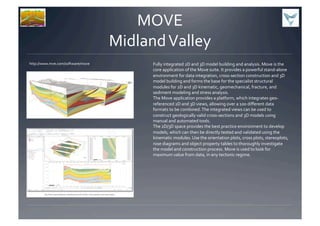 MOVE	
  
Midland	
  Valley	
  
http://www.mve.com/software/move	
   Fully	
  integrated	
  2D	
  and	
  3D	
  model	
  building	
  and	
  analysis.	
  Move	
  is	
  the	
  
core	
  application	
  of	
  the	
  Move	
  suite.	
  It	
  provides	
  a	
  powerful	
  stand-­‐alone	
  
environment	
  for	
  data	
  integration,	
  cross-­‐section	
  construction	
  and	
  3D	
  
model	
  building	
  and	
  forms	
  the	
  base	
  for	
  the	
  specialist	
  structural	
  
modules	
  for	
  2D	
  and	
  3D	
  kinematic,	
  geomechanical,	
  fracture,	
  and	
  
sediment	
  modeling	
  and	
  stress	
  analysis.	
  
The	
  Move	
  application	
  provides	
  a	
  platform,	
  which	
  integrates	
  geo-­‐
referenced	
  2D	
  and	
  3D	
  views,	
  allowing	
  over	
  a	
  100	
  diﬀerent	
  data	
  
formats	
  to	
  be	
  combined.	
  The	
  integrated	
  views	
  can	
  be	
  used	
  to	
  
construct	
  geologically	
  valid	
  cross-­‐sections	
  and	
  3D	
  models	
  using	
  
manual	
  and	
  automated	
  tools.	
  
The	
  2D/3D	
  space	
  provides	
  the	
  best	
  practice	
  environment	
  to	
  develop	
  
models,	
  which	
  can	
  then	
  be	
  directly	
  tested	
  and	
  validated	
  using	
  the	
  
kinematic	
  modules.	
  Use	
  the	
  orientation	
  plots,	
  cross	
  plots,	
  stereoplots,	
  
rose	
  diagrams	
  and	
  object	
  property	
  tables	
  to	
  thoroughly	
  investigate	
  
the	
  model	
  and	
  construction	
  process.	
  Move	
  is	
  used	
  to	
  look	
  for	
  
maximum	
  value	
  from	
  data,	
  in	
  any	
  tectonic	
  regime.	
  	
  
 