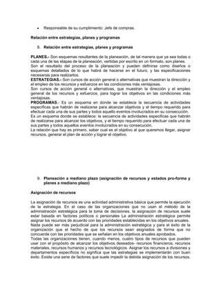 •   Responsable de su cumplimiento: Jefe de compras.

Relación entre estrategias, planes y programas

   8. Relación entre estrategias, planes y programas

PLANES.- Son esquemas resultantes de la planeación, de tal manera que ya sea todas o
cada una de las etapas de la planeación, vertidas por escrito en un formato, son planes.
Son el resultado del proceso de la planeación y pueden definirse como diseños o
esquemas detallados de lo que habrá de hacerse en el futuro, y las especificaciones
necesarias para realizarlos.
ESTRATEGIAS.- Son cursos de acción general o alternativas que muestran la dirección y
el empleo de los recursos y esfuerzos en las condiciones más ventajosas.
Son cursos de acción general o alternativas, que muestran la dirección y el empleo
general de los recursos y esfuerzos, para lograr los objetivos en las condiciones más
ventajosas.
PROGRAMAS.- Es un esquema en donde se establece la secuencia de actividades
específicas que habrán de realizarse para alcanzar objetivos y el tiempo requerido para
efectuar cada una de sus partes y todos aquello eventos involucrados en su consecución.
Es un esquema donde se establece: la secuencia de actividades especificas que habrán
de realizarse para alcanzar los objetivos, y el tiempo requerido para efectuar cada una de
sus partes y todos aquellos eventos involucrados en su consecución.
La relación que hay es primero, saber cual es el objetivo al que queremos llegar, asignar
recursos, generar el plan de acción y lograr el objetivo.




   9. Planeación a mediano plazo (asignación de recursos y estados pro-forma y
      planes a mediano plazo)

Asignación de recursos

La asignación de recursos es una actividad administrativa básica que permite la ejecución
de la estrategia. En el caso de las organizaciones que no usan el método de la
administración estratégica para la toma de decisiones, la asignación de recursos suele
estar basada en factores políticos o personales La administración estratégica permite
asignar los recursos de acuerdo con las prioridades establecidas en los objetivos anuales.
Nada puede ser más perjudicial para la administración estratégica y para el éxito de la
organización que el hecho de que los recursos sean asignados de forma que no
concuerde con las prioridades que se señalan en los objetivos anuales aprobados.
Todas las organizaciones tienen, cuando menos, cuatro tipos de recursos que pueden
usar con el propósito de alcanzar los objetivos deseados- recursos financieros, recursos
materiales, recursos humanos y recursos tecnológicos. Asignar los recursos a divisiones y
departamentos específicos no significa que las estrategias se implementarán con buen
éxito. Existe una serie de factores que suele impedir la debida asignación de los recursos,
 
