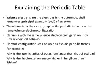 Explaining the Periodic Table
• Valence electrons are the electrons in the outermost shell
(outermost principal quantum level) of an atom
• The elements in the same group on the periodic table have the
same valence electron configuration
• Elements with the same valence electron configuration show
similar chemical behaviour
• Electron configurations can be used to explain periodic trends
For example:
Why is the atomic radius of potassium larger than that of sodium?
Why is the first ionization energy higher in beryllium than in
lithium?
 