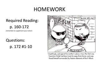 HOMEWORK
Required Reading:
p. 160-172
(remember to supplement your notes!)
Questions:
p. 172 #1-10
 