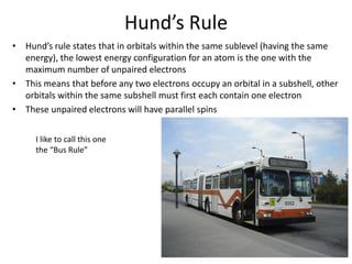 Hund’s Rule
• Hund’s rule states that in orbitals within the same sublevel (having the same
energy), the lowest energy configuration for an atom is the one with the
maximum number of unpaired electrons
• This means that before any two electrons occupy an orbital in a subshell, other
orbitals within the same subshell must first each contain one electron
• These unpaired electrons will have parallel spins
I like to call this one
the “Bus Rule”
 
