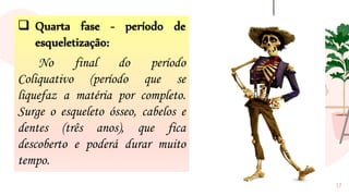 17
❑ Quarta fase - período de
esqueletização:
No final do período
Coliquativo (período que se
liquefaz a matéria por completo.
Surge o esqueleto ósseo, cabelos e
dentes (três anos), que fica
descoberto e poderá durar muito
tempo.
 