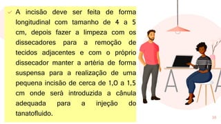 ✓ A incisão deve ser feita de forma
longitudinal com tamanho de 4 a 5
cm, depois fazer a limpeza com os
dissecadores para a remoção de
tecidos adjacentes e com o próprio
dissecador manter a artéria de forma
suspensa para a realização de uma
pequena incisão de cerca de 1,0 a 1,5
cm onde será introduzida a cânula
adequada para a injeção do
tanatofluido. 38
 