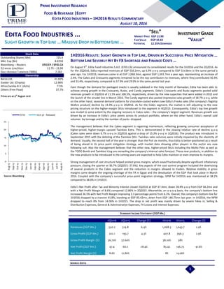 PRIME INVESTMENT RESEARCH
FOOD & BEVERAGE |EGYPT
EDITA FOOD INDUSTRIES – 1H2016 RESULTS COMMENTARY
AUGUST 10, 2016
SOURCE: EDITA
EDITA FOOD INDUSTRIES …
SLIGHT GROWTH IN TOP LINE …MASSIVE DROP IN BOTTOM LINE …
“SELL”
MARKET PRICE EGP 11.90
FAIR VALUE EGP 10.43
POTENTIAL 12.35% DOWNSIDE
INVESTMENT GRADE
“VALUE”
Stock Data
Outstanding Shares [Mn] 725.4
Mkt. Cap [Bn] 8.6318
Bloomberg – Reuters EFID EY / EFID.CA
52-WEEKS LOW/HIGH 11.75 – 19.99
DAILY AVERAGE TURNOVER (‘000S) 7,182
Ownership
Berco Ltd. 41.82%
Exoder Ltd. (Chipita) 12.98%
Africa Samba B.V. (Actis) 7.5%
Others (Free Float) 37.7%
Prices are as 9th
August 2016
0
5
10
15
20
25
Aug-15
Sep-15
Oct-15
Nov-15
Dec-15
Jan-16
Feb-16
Mar-16
Apr-16
May-16
Jun-16
Jul-16
Aug-16
EFID EGX 30 - Rebased
Source: Bloomberg
1H2016 RESULTS: SLIGHT GROWTH IN TOP LINE, DRIVEN BY SUCCESSFUL PRICE MITIGATION …
BOTTOM LINE SEVERELY HIT BY FX SHORTAGE AND FINANCE COSTS …
On August 9th
, Edita Food Industries S.A.E. (EFID.CA) announced its consolidated results for the 1H2016 and the 2Q2016. As
for the 2Q2016, Edita reported revenues of EGP 550.2mn, up 6.9% y-o-y compared to EGP 514.8mn in the same period a
year ago. For 1H2016, revenues came in at EGP 1,068.3mn, against EGP 1,043.7mn a year ago, representing an increase of
2.4%. The Cakes and Croissants segments remained to be the top contributors to revenues, where they contributed 50.3%
and 33.4%, respectively, compared to 57.9% and 29.0% in the same period last year.
Even though the demand for packaged snacks is usually subdued in the Holy month of Ramadan, Edita has been able to
achieve strong growth in the Croissants, Rusks, and Candy segments. Edita’s Croissants and Rusks segments posted solid
revenues growth in 2Q2016 of 21.5% and 100.5%, respectively, driven by the new capacities that were added in 2015 and
the launch of the strudel line in March 2016. The Candy segment also posted impressive sales growth of 18.7% y-o-y, while
on the other hand, seasonal demand patterns for chocolate-coated wafers saw Edita’s Freska sales (the company’s flagship
Wafers product) decline by 14.3% y-o-y in 2Q2016. As for the Cakes segment, the market is still adjusting to the new
pricing structure on the higher-margin SKUs introduced to the segment in 4Q2015. Consequently, Edita’s top line growth
was muted to some extent by the ongoing recovery in Cakes sales – the company’s largest segment. Revenues growth was
driven by an increase in Edita’s price points across its product portfolio, where on the other hand, Edita’s overall sold
volumes -by tonnage and by the number of packs- dropped.
The management believes that the Cakes segment is regaining momentum, reflecting growing consumer acceptance of
higher-priced, higher-margin upsized Twinkies Extra. This is demonstrated in the slowing relative rate of decline q-o-q
(Cakes sales were down 6.7% y-o-y in 2Q2016 against a drop of 15.3% y-o-y in 1Q2016). The product was introduced in
September 2015 with the delisting of the Twinkies SKU. Twinkies sales volumes were initially impacted by the elasticity of
demand. Usually, the second half of the year is stronger than the first six months, thus Edita is better-positioned as a result
of being ahead in its price point mitigation strategy, with market data showing other players in the sector are now
following suit. Also the management believes that the other new, higher-priced SKUs including the Molto Pate as well as
the TODO Bomb and Twinkies Icing are exceeding the company’s internal sales forecast. These new products, in addition to
the new products to be introduced in the coming years are expected to help Edita maintain or even improve its margins.
Strong management of cost structure helped protect gross margins, which eased fractionally despite significant inflationary
pressure, closing the quarter at 36.7% (2Q2015: 37.6%). Key aspects of the cost control program included the downsizing
of several products in the Cakes segment and the reduction in margins allowed to traders. Relative stability in gross
margins came despite the ongoing shortage of the FX in Egypt and the devaluation of the EGP that took place in March
2016. Coupled with the company’s successful price-point migration strategy, GPM for 1H2016 was maintained at 38.2%
compared to 38.0% in 1H2015.
Edita’s Net Profit after Tax and Minority Interest closed 2Q2016 at EGP 47.4mn, down 28.4% y-o-y from EGP 66.2mn and
with a Net Profit Margin of 8.6% compared 12.86% in 2Q2015. Meanwhile, on a q-o-q basis, the company’s bottom-line
increased 36.5% with Net Profit Margin improving 2.3 percentage points from 6.3%. Overall, the company’s bottom-line for
1H2016 dropped by a massive 41.8%, standing at EGP 85.42mn, down from EGP 146.75mn last year. In 1H2016, the NPM
dropped to reach 8% from 14.06% in 1H2015. The drop in net profit was mainly driven by severe hikes in; Selling &
Distribution Expenses, General & Administrative Expenses, FX Losses and Interest Expenses.
2Q2016 2Q2015 Change (%) 1H2016 1H2015 Change (%)
Revenues (EGP Mn.) 550.2 514.8 6.9% 1,068.3 1,043.7 2.4%
Gross Profit (EGP Mn.) 202.1 193.7 4.3% 407.8 396.3 2.9%
Gross Profit Margin (%) 36.70% 37.60% 38.20% 38%
Net Profit (EGP Mn.) 47.4 66.2 -28.4% 85.42 146.75 -41.8%
Net Profit Margin (%) 8.6% 12.86% 8% 14.06%
SUMMARY INCOME STATEMENT (EGP MN.)
1
 
