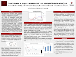 Performance in Piaget’s Water Level Task Across the Menstrual Cycle
Alexandra E. Silva, Mariah A. Sullivan, Anastasia Oliferovskiy, Tomoki Ishibashi, Sandra M. Narvaez, Gabriela Nordeman
San Diego State University, Department of Psychology
Hypotheses and Results
Piaget’s Water Level Task (WLT) shows a consistent sex difference
favoring men (Vasta & Lieben, 1996). While some investigators have
assumed the basis is genetic, others argue for a major role for environment,
and still others for an organizational effect of early sex steroids.
Another possibility is that the sex difference reflects a contribution of the
activational influences of estrogen on neural circuits as the levels change
across the menstrual cycle. This possibility that has not been studied
previously. However, it receives some support from studies of menstrual
cycle effects on other types of tasks that show cognitive sex differences,
including space relations, explicit working memory and verbal fluency.
Improvement in female performance is observed in the early follicular
phase compared with the mid-luteal phase, periods when estrogen levels are
relatively low and high, respectively (Epting & Overman, 1996).
Because estrogen is a mediator of neuroplasticity, effects of the hormone on
cognition may not be due solely to high versus low levels. In the adult
brain, rapid rises in circulating estrogen stimulate the production of
dendritic spines in neurons that express the estrogen receptor. This can
result in the neuron making 30% more connections to neurons within its
network, a phenomenon assumed to influence behaviors regulated by that
network (Luine, 2014). Behavioral changes may also occur following a
rapid decline in circulating estrogen because the retraction of the estrogen-
induced spines also requires a temporary reorganization of circuit
connectivity. This means that neural circuits affected by estrogen may be
potentially disrupted by rapid rises or decreases in circulating estrogen.
In this study, we examined the association of dynamic changes in plasma
estrogen across the menstrual cycle with WLT performance by using a
cross-sectional design that included normally cycling women (n=218) and
those on oral contraceptives (OC; n=141). Males (n=81) were included for
comparison.
Hypothesis 1: The rapid decrease in estrogen levels prior to or the rapid increase between days 9 and 16 will be
associated with significant increases in WLT error compared to days 5-8 when estrogen levels have stabilized at
a low level. This was confirmed using a 1-Way ANOVA with a quadratic trend analysis comparing the WLT
scores from women tested between the onset of menses to the peri-ovulatory period (days 1 through 16). The
ANOVA yielded a main effect for period (F[3,21]= 2.72; p<0.05) as well as a significant effect for the quadratic
trend (F[1] = 5.75; p<0.02) that is shown in the figure below. Although estrogen levels are low from days 1-8,
WLT error was significantly higher on days 1-4 compared to days 5-8 (t[66]=3.09; p<0.002). WLT error also
increased as estrogen levels increased linearly between days 9 and 16, and was significantly higher in women
tested on days 13-16 compared to days 5-8 (t[35] = 3.21; p<0.002).
Hypothesis 2: Stable, but high estrogen levels in the post ovulatory period will result in lower WLT error
compared with periods of rapid changes in estrogen levels. This was not confirmed. Although average WLT error
during this period was lower compared to the peri-ovulatory group, the difference was not significant.
Hypothesis 3: WLT error in OC women will be significantly higher during menses compared to performance
during the three weeks when they are taking the oral contraceptive. During this three week period we expected
WLT performance to be stable due to constant low levels of estrogen. This was not confirmed. We observed no
significant differences across the cycle in OC women. In addition, no single OC group at different periods of the
cycle the differed significantly in the error observed in males.
Hypothesis 4: Based on results from previous studies, WLT error will be significantly lower in men compared to
women when scores are collapsed across the cycle. As shown below, this was confirmed in planned comparisons
using t-tests (males vs normal cycling women; (t[297] = 2.86, p<0.01); males vs OC women t[220] = 2.42;
p<0.03).
Participants were recruited from San Diego State undergraduate psychology
classes and compensated with class credit. Procedures were approved by the
SDSU Human Subjects Committee. At the beginning of testing, participants
were presented with an example showing a water bottle sitting horizontally on a
table with the water level marked by a horizontal line. They were then presented
with a sequence of 6 pictures, each depicting a bottle (upright or upside down)
tilted to the left or right 0, or 45 degrees from horizontal and asked to draw a
line where the water level would be. Examples of the first 3 test upright figures
are shown below.
Scoring was done by determining the degrees of deviation from horizontal of
the line drawn by the participant. Analyses used the sum of the errors across the
6 drawings. Separate analyses were performed for normally cycling women
versus those on oral contraceptives.
To accommodate the inherent error in estimating the day of the menstrual cycle
in normally cycling women (Epting & Overman, 1998), scores from individual
participants were collapsed into 7 groups of 4 consecutive days that covered a
28 day cycle. Cycle phase was determined by having participants report the
onset of the next cycle after testing or by self report of menses at the time of
testing. Normally cycling women with period lengths as long as 32 days were
included in the study and their data were collapsed as part of the group
containing data from participants tested on days 25-28 of their cycle.
Arevalo MA, Azcoitia I, Gonzalez-Burgos I, Garcia-Segura LM. 2015. Signaling mechanisms
mediating the regulation of synaptic plasticity and memory by estradiol. Horm Behav.
Apr 25. pii: S0018-506X(15)00067-7. doi:10.1016/j.yhbeh.2015.04.016. [Epub ahead of
print]
Epting, L. K., & Overman, W. H. (1998). Sex-sensitive tasks in men and women: a search for
performance fluctuations across the menstrual cycle. Behav. Neurosci. 112: 1304-1317.
Konrad C, Engelien A, Schöning S, Zwitserlood P, Jansen A, Pletziger E, Beizai P, Kersting
A, Ohrmann P, Luders E, Greb RR, Heindel W, Arolt V, Kugel H. 2008. The functional
anatomy of semantic retrieval is influenced by gender, menstrual cycle, and sex
hormones. J Neural Transm. 115:1327-1337. doi: 10.1007/s00702-008-0073-0.
Kravitz DJ, Saleem KS, Baker CI, Mishkin M. A new neural framework for visuospatial
processing. Nat Rev Neurosci. 2011 Apr;12(4):217-30.
Little AC. 2013.The influence of steroid sex hormones on the cognitive and emotional
processing of visual stimuli in humans. Front Neuroendocrinol. 34(4):315-28. doi:
10.1016/j.yfrne.2013.07.009.
Luine VN. 2014. Estradiol and cognitive function: past, present and future. Horm. Behav.
66:602-618. doi: 10.1016/j.yhbeh.2014.08.011.
Vasta R, Liben LS. 1996. The Water-Level Task: An Intriguing Puzzle. Curr. Dir.
Psychological Sci. 5: 171-177.
Introduction
References
Discussion
Methods
As hypothesized, we found that WLT error is greater during periods of rapid
rises or decreases in plasma estrogen levels in normally cycling women.
When estrogen levels were low and stable during days 5-8 of the cycle,
female WLT performance was the same as men. This suggests that the
mediating variable affecting WLT performance is related to estrogen-induced
neuroplasticity.
When estrogen levels stabilized at a relatively high level in the post ovulatory
period, WLT error was consistently higher than that observed for days 5-8,
but the differences did not reach statistical significance (p<0.07). Further
research is need to clarify the degree to which stable, relatively high levels of
estrogen impair WLT performance. Possible effects of progesterone should
also be considered.
Where estrogen acts in the brain to influence WLT performance is unknown.
One area to consider is the prefrontal cortex (PFC), where estrogen receptors
are widely distributed (Arevelo et al., 2015). This area is also implicated by
findings that show structural changes within the PFC across the menstrual
cycle that are associated with concomitant cognitive and emotional changes
(Konrad et al., 2008; Little, 2013; Luine, 2014).
Within the PFC, there are discrete, interconnected areas that process two
basic aspects of perception essential to WLT performance. Object processing
related to the conscious perception of the water container relies on ventral
stream processing originating in the inferior temporal lobe. The second aspect
involves the position of the water container relative to the table top, as well as
the dynamic aspects of water movement. This processing is accomplished
within the intraparietal lobule portion of the dorsal stream and its connection
with the superior temporal sulcus (Kravitz et al. 2011). Results from the
present study suggest that estrogen may alter the organization of dorsal and
ventral stream input being integrated within the PFC.
 
