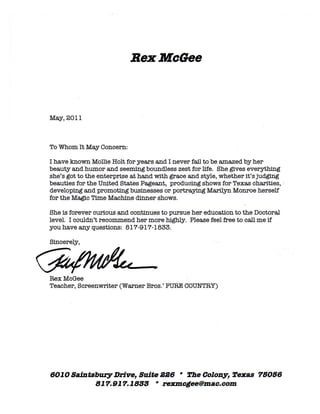 MOLLIE HOLT REF  Letter from Screenwriter Rex McGee-2011