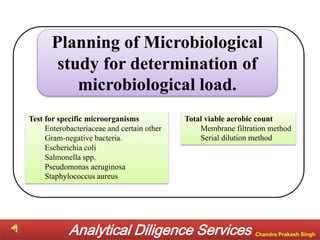 Total viable aerobic count
Membrane filtration method
Serial dilution method
Test for specific microorganisms
Enterobacteriaceae and certain other
Gram-negative bacteria.
Escherichia coli
Salmonella spp.
Pseudomonas aeruginosa
Staphylococcus aureus
Planning of Microbiological
study for determination of
microbiological load.
Analytical Diligence Services Chandra Prakash Singh
 
