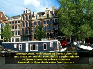 Barcos Casas, residencias en barcos, familias que viven con mucha comodidad y refinamiento  en casas montadas sobre sus barcos.  Amsterdam tiene 80 de estos barcos casas... 