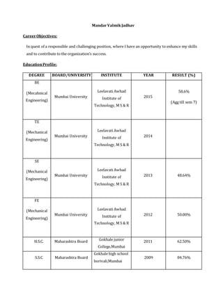 MandarValmikJadhav
CareerObjectives:
In quest of a responsible and challenging position, where I have an opportunity to enhance my skills
and to contribute to the organization’s success.
EducationProfile:
DEGREE BOARD/UNIVERSITY INSTITUTE YEAR RESULT (%)
BE
(Mecahnical
Engineering)
Mumbai University
Leelavati Awhad
Institute of
Technology, M S & R
2015
58.6%
(Agg till sem 7)
TE
(Mechanical
Engineering)
Mumbai University
Leelavati Awhad
Institute of
Technology, M S & R
2014
SE
(Mechanical
Engineering)
Mumbai University
Leelavati Awhad
Institute of
Technology, M S & R
2013 48.64%
FE
(Mechanical
Engineering)
Mumbai University
Leelavati Awhad
Institute of
Technology, M S & R
2012 50.00%
H.S.C. Maharashtra Board Gokhale junior
College,Mumbai
2011 62.50%
S.S.C Maharashtra Board
Gokhale high school
borivali,Mumbai
2009 84.76%
 