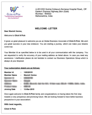 Click N Pick Welcome Letter manish