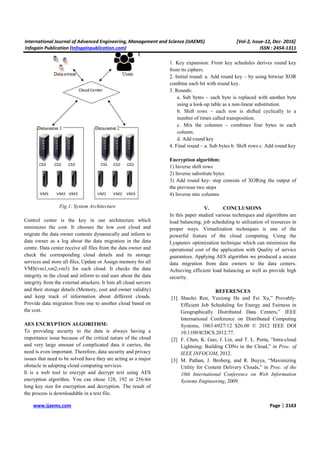 International Journal of Advanced Engineering, Management and Science (IJAEMS) [Vol-2, Issue-12, Dec- 2016]
Infogain Publication (Infogainpublication.com) ISSN : 2454-1311
www.ijaems.com Page | 2163
Fig.1: System Architecture
Control center is the key in our architecture which
minimizes the cost. It chooses the low cost cloud and
migrate the data owner contents dynamically and inform to
data owner as a log about the data migration in the data
centre. Data center receive all files from the data owner and
check the corresponding cloud details and its storage
services and store all files, Update or Assign memory for all
VMS(vm1,vm2,vm3) for each cloud. It checks the data
integrity in the cloud and inform to end user about the data
integrity from the external attackers. It lists all cloud servers
and their storage details (Memory, cost and owner validity)
and keep track of information about different clouds.
Provide data migration from one to another cloud based on
the cost.
AES ENCRYPTION ALGORITHM:
To providing security to the data is always having a
importance issue because of the critical nature of the cloud
and very large amount of complicated data it carries, the
need is even important. Therefore, data security and privacy
issues that need to be solved have they are acting as a major
obstacle in adopting cloud computing services.
It is a web tool to encrypt and decrypt text using AES
encryption algorithm. You can chose 128, 192 or 256-bit
long key size for encryption and decryption. The result of
the process is downloadable in a text file.
1. Key expansion: From key schedules derives round key
from its ciphers.
2. Initial round: a. Add round key – by using bitwise XOR
combine each bit with round key.
3. Rounds:
a. Sub bytes – each byte is replaced with another byte
using a look-up table as a non-linear substitution.
b. Shift rows – each row is shifted cyclically to a
number of times called transposition.
c. Mix the columns – combines four bytes in each
column.
d. Add round key
4. Final round – a. Sub bytes b. Shift rows c. Add round key
Encryption algorithm:
1) Inverse shift rows
2) Inverse substitute bytes
3) Add round key- step consists of XORing the output of
the previous two steps
4) Inverse mix columns
V. CONCLUSIONS
In this paper studied various techniques and algorithms are
load balancing, job scheduling to utilization of resources in
proper ways. Virtualization techniques is one of the
powerful feature of the cloud computing. Using the
Lyapunov optimization technique which can minimizes the
operational cost of the application with Quality of service
guarantees. Applying AES algorithm we produced a secure
data migration from data owners to the data centers.
Achieving efficient load balancing as well as provide high
security.
REFERENCES
[1] Shaolei Ren, Yuxiong He and Fei Xu,” Provably-
Efficient Job Scheduling for Energy and Fairness in
Geographically Distributed Data Centers,” IEEE
International Conference on Distributed Computing
Systems, 1063-6927/12 $26.00 © 2012 IEEE DOI
10.1109/ICDCS.2012.77.
[2] F. Chen, K. Guo, J. Lin, and T. L. Porta, “Intra-cloud
Lightning: Building CDNs in the Cloud,” in Proc. of
IEEE INFOCOM, 2012.
[3] M. Pathan, J. Broberg, and R. Buyya, “Maximizing
Utility for Content Delivery Clouds,” in Proc. of the
10th International Conference on Web Information
Systems Engineering, 2009.
 