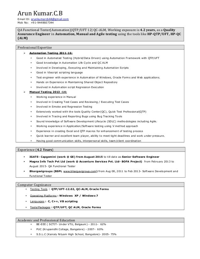 arun kumar resume qtp testing resume