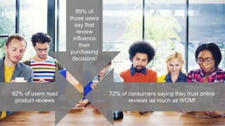 Confidential and/or Proprietary - Do Not Redistribute
92% of users read
product reviews
89% of
those users
say that
review
influence
their
purchasing
decisions!
72% of consumers saying they trust online
reviews as much as WOM!
 