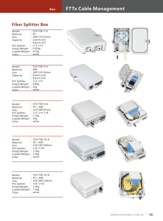 Fiber Splitter Box
Model
Material
Size
Capacity
PLC Splitter
Empty Weight
Loaded Weight
Color
F2H-FSB-2-A
PC
208*153*52mm
2 ports (SC)
4 ports (LC)
1×2, 1×4
0.45kg
0.7kg
white
Model
Material
Size
Capacity
PLC Splitter
Empty Weight
Loaded Weight
Color
F2H-FSB-4-A
ABS
186*116*40mm
4 ports (SC)
8 ports (LC)
1×2, 1×4
0.8kg
1kg
white
Model
Material
Size
PLC Splitter
Empty Weight
Loaded Weight
Color
F2H-FSB-8-A
PC + ABS
225*200*65mm
1×2, 1×4, 1×8
1.2kg
2kg
white
Model
Material
Size
PLC Splitter
Empty Weight
Loaded Weight
Color
F2H-FSB-16-A
PC + ABS
320*240*100mm
1×8, 1×16
1.5kg
2.3kg
white
Model
Material
Size
PLC Splitter
Empty Weight
Loaded Weight
Color
F2H-FSB-16-B
PC + ABS
330*260*130mm
1×8, 1×16
1.5kg
2.3kg
white
96WWW.GRANDWAY.COM.CN
FTTx Cable ManagementBox
 