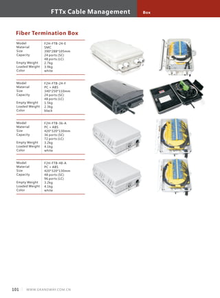 WWW.GRANDWAY.COM.CN
FTTx Cable Management Box
101
Fiber Termination Box
Model
Material
Size
Capacity
Empty Weight
Loaded Weight
Color
F2H-FTB-24-E
SMC
390*288*105mm
24 ports (SC)
48 ports (LC)
2.7kg
3.9kg
white
Model
Material
Size
Capacity
Empty Weight
Loaded Weight
Color
F2H-FTB-24-F
PC + ABS
340*250*110mm
24 ports (SC)
48 ports (LC)
1.5kg
2.3kg
black
Model
Material
Size
Capacity
Empty Weight
Loaded Weight
Color
F2H-FTB-36-A
PC + ABS
420*320*130mm
36 ports (SC)
72 ports (LC)
3.2kg
4.1kg
white
Model
Material
Size
Capacity
Empty Weight
Loaded Weight
Color
F2H-FTB-48-A
PC + ABS
420*320*130mm
48 ports (SC)
96 ports (LC)
3.2kg
4.1kg
white
 