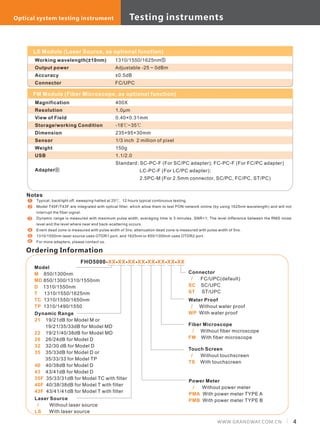Working wavelength(
Output power
Accuracy
Connector
±10nm) 1310/1550/1625nm
Adjustable -25 ~ 0dBm
±0.5dB
FC/UPC
⑤
400X
1.0µm
0.40×0.31mm
-18℃~35
235×95×30mm
1/3 inch 2 million of pixel
150g
1.1/2.0
Standard: SC-PC-F (For SC/PC adapter); FC-PC-F (For FC/PC adapter)
LC-PC-F (For LC/PC adapter);
2.5PC-M (For 2.5mm connector, SC/PC, FC/PC, ST/PC)
℃
LS Module (Laser Source, as optional function)
FM Module (Fiber Microscope, as optional function)
Magnification
Resolution
View of Field
Storage/working Condition
Dimension
Sensor
Weight
USB
Adapter⑥
Notes
Typical, backlight off, sweeping halted at 25℃ 12 hours typical continuous testing.
Model T40F/T43F are integrated with optical filter, which allow them to test PON network online (by using 1625nm wavelength) and will not
interrupt the fiber signal.
Dynamic range is measured with maximum pulse width, averaging time is 3 minutes, SNR=1; The level difference between the RMS noise
level and the level where near end back-scattering occurs.
Event dead zone is measured with pulse width of 3ns; attenuation dead zone is measured with pulse width of 5ns.
1310/1550nm laser source uses OTDR1 port, and 1625nm or 850/1300nm uses OTDR2 port.
For more adapters, please contact us.
,1
2
3
4
5
6
FHO5000- - - -XX XX XX XX- - - -XX XX XX XX
Model
850/1300nm
850/1300/1310/1550nm
1310/1550nm
1310/1550/1625nm
1310/1550/1650nm
1310/1490/1550
M
MD
D
T
TC
TP
Dynamic Range
19/21dB for Model M or
19/21/35/33dB for Model MD
19/21/40/38dB for Model MD
26/24dB for Model D
32/30 dB for Model D
35/33dB for Model D or
35/33/33 for Model TP
40/38dB for Model D
43/41dB for Model D
35/33/31dB for Model TC with filter
40/38/38dB for Model T with filter
43/41/41dB for Model T with filter
21
22
26
32
35
40
43
35F
40F
43F
Power Meter
Without power meter
With power meter TYPE A
With power meter TYPE B
/
PMA
PMBLaser Source
Without laser source
With laser source
/
LS
Connector
FC/UPC(default)
SC/UPC
ST/UPC
/
SC
ST
Touch Screen
Without touchscreen
With touchscreen
/
TS
Fiber Microscope
Without fiber microscope
With fiber microscope
/
FM
Water Proof
Without water proof
With water proof
/
WP
Ordering Information
4WWW.GRANDWAY.COM.CN
Testing instrumentsOptical system testing instrument
 