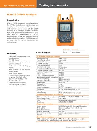 14WWW.GRANDWAY.COM.CN
Description
FCA-10 CWDM Analyzer is specially designed
for CWDM installation, maintenance and
troubleshooting, which is able to measure
and monitor power values of 10 CWDM
channels. FCA-10 CWDM Analyzer can replace
high-cost Spectrometers and conduct quick
a n d r e l i a b l e m e a s u r e m e n t s i n a l l
environments. Thanks for its light, compact
and sturdy design, FCA-10 CWDM Analyzer is
an ideal tool for CWDM installation and
maintenance.
Specification
Wavelength (nm)
Power Range (dBm)
Channel Number
Channel Spacing
Central Wavelength
Channel Band-pass
Channel Power Resolution
Channel Power Accuracy
Maximum Input Power
Return Loss
Close Channels Insulation
Non-close Channels Insulation
Threshold Setting
Reference Value(REF)
Data Storage
Connectivity
Detector Type
Appl ication Range
Connector
Backlight
Power Saving
1431 ~ 1611
-40 ~ +10
10
20nm
ITU
ITU±6.5nm
±0.01 dB
±0.5 dB
13dBm
>45dB
≥25dB
≥30dB
10 Wavelengths
10 Wavelengths
1000 sets
USB
InGaAs
Single Mode Fiber
FC/PC (Interchangeable SC, ST)
Yes
Auto-off after 5 minutes unused
FCA-10 technical parameters
FCA-10 CWDM Analyzer
Power meter module parameters
Cal ibrated Wavelength (nm)
Power Range (dBm)
Unit
Resolution
850 ,1300 , 1310 , 1490 , 1550 , 1625
-60 ~ +10
mW/uW/nW/dBm/dB(REF)
±0.25 dB (5%) @25℃
Features
Hand-held , more compact and
easy to operate
TFT LCD display
10 CH wavelength testing :
1431nm~1611nm
Histogram or list data display
modes
Able to work as the normal
power meter
Inner timing system
Threshold configuration : able
to preset threshold value
Data Transfer to PC via USB
Back l ight function
10 hours continuous work
Data storage & download
Physical parameters
Power Supply
Battery Life
Work Temperature
Relative Humidity
Dimension (L×W×D)
Weight
NiMH Rechargeable Battery / AC Adaptor
Continuous Operation ≥10 Hours
0℃~ 50℃
0 ~ 95%
L*W*H 190mm*105mm*55mm
700g
Part Number
FCA-10
Description
CWDM analyzer
Standard Accessories
2*FC adapters, 2*SC adapters, 4*AA rechargeable batteries, AC adapter,
USB cable, CD disk, carrying bag, user manual, test report
Testing instrumentsOptical system testing instrument
 