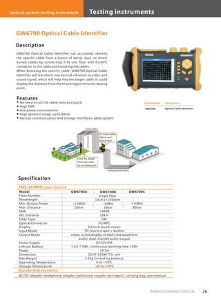 26WWW.GRANDWAY.COM.CN
Description
GW6700 Optical Cable Identifier can accurately identify
the specific cable from a bunch of aerial, duct, or direct
buried cables by connecting it to one fiber with FC/APC
connector in the cable and knocking the cables.
When knocking the specific cable, GW6700 Optical Cable
Identifier will transform mechanical vibration to video and
sound signal, which will help find the target cable. It could
display the distance from the knocking point to the testing
point. .
Specification
Features
Part Number
GW6700
Description
Optical Cable Identifier
Model
Fiber Number
Wavelength
Min. Output Power
Max. Distance
SNR
VFL Distance
Fiber Type
Optical Connector
Display
Input Mode
Output Mode
Power Supply
Lithium Battery
Power
Dimension
Net Weight
Operating Temperature
Storage Temperature
FMS-10 MPO Laser Source
GW6700 Optical Cable Identifier
GW6700A
-15dBm
20km
No need to cut the cable, easy and quick
High SNR
Low power consumption
High dynamic range, up to 80km
Various communication and storage interfaces, sable system
Standard Accessories
AC/DC adapter, headphone, adapter, patchcord, coupler, test report, carrying bag, user manual
GW6700B
-3dBm
50km
GW6700C
+9dBm
80km
single fiber
1310 or 1550nm
>40dB
10km
SM
FC/APC
5.6 inch touch screen
TIF touch screen + button
video: active display of real-time waveform
audio: dual channel audio output
DC12V/5A
7.4V, 7.5Ah, continuous working time ≥30h
≤4.5w
255H*155W*72L mm
1.5kg (including battery)
0 to +50℃
-20 to +70℃
Testing instrumentsOptical system testing instrument
 