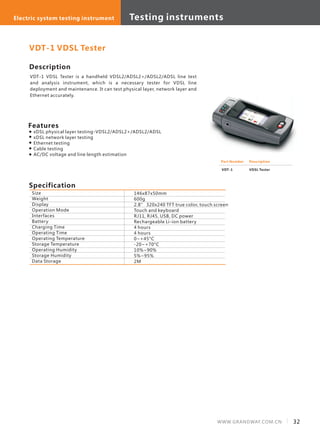 Testing instruments Optical system testing instrumentTesting equipments Optical system testing equipmentElectric system testing instrument Testing instruments
32WWW.GRANDWAY.COM.CN
Description
VDT-1 VDSL Tester is a handheld VDSL2/ADSL2+/ADSL2/ADSL line test
and analysis instrument, which is a necessary tester for VDSL line
deployment and maintenance. It can test physical layer, network layer and
Ethernet accurately.
Specification
Features
xDSL physical layer testing-VDSL2/ADSL2+/ADSL2/ADSL
xDSL network layer testing
Ethernet testing
Cable testing
AC/DC voltage and line length estimation
Size
Weight
Display
Operation Mode
Interfaces
Battery
Charging Time
Operating Time
Operating Temperature
Storage Temperature
Operating Humidity
Storage Humidity
Data Storage
146x87x50mm
600g
2.8” 320x240 TFT true color, touch screen
Touch and keyboard
RJ11, RJ45, USB, DC power
Rechargeable Li-ion battery
4 hours
4 hours
0~+45°C
-20~+70°C
10%~90%
5%~95%
2M
VDT-1 VDSL Tester
Part Number
VDT-1
Description
VDSL Tester
 