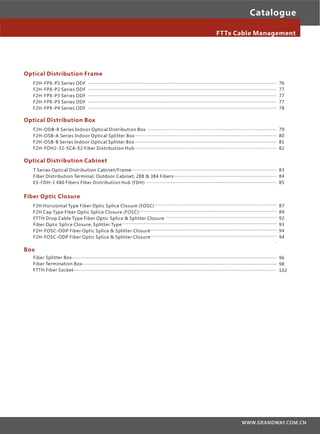 Catalogue
FTTx Cable Management
Optical Distribution Frame
F2H-FPX-P1 Series ODF
F2H-FPX-P2 Series ODF
F2H-FPX-P3 Series ODF
F2H-FPX-P5 Series ODF
F2H-FPX-P4 Series ODF
Box
Fiber Splitter Box
Fiber Termination Box
FTTH Fiber Socket
............................................................................................................................
............................................................................................................................
............................................................................................................................
............................................................................................................................
............................................................................................................................
76
77
77
77
78
.... ...............................................................
.......................................................................................................................................
................................................................................................................................................
........................................................................... 96
98
102
WWW.GRANDWAY.COM.CN
Optical Distribution Box
F2H-ODB-B Series Indoor Optical Distribution Box
F2H-OSB-A Series Indoor Optical Splitter Box
F2H-OSB-B Series Indoor Optical Splitter Box
F2H-FDH2-32-SCA-E2 Fiber Distribution Hub
............................................................................................................
......................................................................................................................
......................................................................................................................
......................................................................................................................
79
80
81
82
Optical Distribution Cabinet
T Series Optical Distribution Cabinet/Frame
Fiber Distribution Terminal, Outdoor Cabinet, 288 & 384 Fibers
ES-FDH-1 480 Fibers Fiber Distribution Hub (FDH)
..................................................................................................................
................................................................................
.....................................................................................................
83
84
85
Fiber Optic Closure
F2H Horizontal Type Fiber Optic Splice Closure (FOSC)
F2H Cap Type Fiber Optic Splice Closure (FOSC)
FTTH Drop Cable Type Fiber Optic Splice & Splitter Closure
Fiber Optic Splice Closure, Splitter Type
F2H-FOSC-ODP Fiber Optic Splice & Splitter Closure
F2H-FOSC-ODP Fiber Optic Splice & Splitter Closure
...............................................................................................
...........................................................................................................
......................................................................................
........................................................................................................................
...................................................................................................
...................................................................................................
.
87
89
92
93
94
94
 