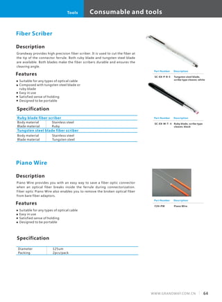 Description
Grandway provides high precision fiber scriber. It is used to cut the fiber at
the tip of the connector ferrule. Both ruby blade and tungsten steel blade
are available. Both blades make the fiber scribers durable and ensures the
cleaving angle.
Specification
Features
Body material
Blade material
Ruby blade fiber scriber
Fiber Scriber
Tungsten steel blade fiber scriber
Stainless steel
Ruby
Stainless steel
Tungsten steel
Body material
Blade material
Part Number
SC-XX-P-R-5
Description
Tungsten steel blade,
scribe type cleaver, white
Part Number
SC-XX-M-T- 4
Description
Ruby blade, scribe type
cleaver, black
Suitable for any types of optical cable
Composed with tungsten steel blade or
ruby blade
Easy in use
Satisfied sense of holding
Designed to be portable
Description
Piano Wire provides you with an easy way to save a fiber optic connector
when an optical fiber breaks inside the ferrule during connectorization.
Fiber optic Piano Wire also enables you to remove the broken optical fiber
from bare fiber adaptors.
Specification
Features
Diameter
Packing
Piano Wire
125um
2pcs/pack
Part Number
F2H-PW
Description
Piano Wire
Suitable for any types of optical cable
Easy in use
Satisfied sense of holding
Designed to be portable
64WWW.GRANDWAY.COM.CN
Consumable and toolsTools
 