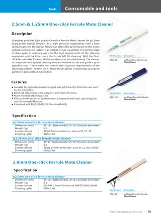 Description
Grandway provides high quality One-click Ferrule Mate Cleaner for φ2.5mm
& φ1.25mm optical ferruleσ. As a high precision copponents, even a little
contaminants on the optical ferrule can affect the performance of the whole
optical transmission system. If an optical ferrule is polluted, it is hard to make
it clean again in ordinary ways for the high requirements of the cleaning
equipment and the little space the ferrule left for cleaning. With the One-
click Ferrule Mate Cleaner, all the problems can be solved easily. The cleaner
is composed with special cleaning reel, extendable nuzzle and guide cap of
specified size . These make the cleaner meet rigorous requirements of the
cleaning solution.The One-click Ferrule Mate Cleaner is absolutely your good
partner in optical cleaning solution.
　　
Specification
Features
Suitable for optical connector or port with φ2.5mm/φ1.25mm ferrule, such
SC, FC, ST and etc.
One click cleaning system, easy, fast and high efficiency
More than 800 cleaning cycles
Effective with variety of contaminants Composed with dust cap and guide
cap for unmated ferrules
Complied with EU/95/2002/EC Directive(RoHS)
φ2.5mm one-click ferrule mate cleaner
2.5mm & 1.25mm One-click Ferrule Mate Cleaner
φ1.25mm one-click ferrule mate cleaner
Dimension (mm)
Weight (kg)
Connector type
Cleaning cycles
80*13*13(standard)/115*13*13(nozzle extended)
0.1
All φ2.5mm connectors , such as SC, FC, ST
800 cycles
Dimension (mm)
Weight (kg)
Connector type
Cleaning cycles
80*13*13(standard)/115*13*13(nozzle extended)
0.1
All φ1.25mm connectors , such as LC, MU, E2000
500 cycles
Part Number
FOC-2.5
Description
φ2.5mm One-click Ferrule
Mate Cleaner
Part Number
FOC-1.25
Description
φ1.25mm One-click Ferrule
Mate Cleaner
2.0mm One-click Ferrule Mate Cleaner
Specification
φ2.0mm one-click ferrule mate cleaner
Dimension (mm)
Weight (kg)
Connector type
Cleaning cycles
80*13*13(standard)/115*13*13(nozzle extended)
0.1
MIL PRF 2.0mm Terminus & SMPTE 304M/358M
800 cycles
Part Number
FOC-2.0
Description
φ2.0mm One-click Ferrule
Mate Cleaner
70WWW.GRANDWAY.COM.CN
Consumable and toolsTools
 