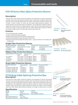 Consumable and tools
72WWW.GRANDWAY.COM.CN
Tools
Description
F2H-PS Series Fiber Splice Protective Sleeves are designed to restore mechanical
strength, environmental integrity and fiber optic transmission properties after fiber
splicing. There are single fiber protective sleeves, ribbon fiber protective sleeves for
4 cores, 6 cores, 8 cores, 12 cores, etc. and drop cable protective sleeves. The
reinforcements for the three types are different. The single fiber protective sleeves
realize the reinforcement by single stainless steel rod and drop cable protectives
sleeves by single or dual stainless steel rod, while ribbon fiber protective sleeves
use single or dual ceramic to realize the reinforcement function.
Drop Cable Protective Sleeves
F2H-PS Series Fiber Splice Protective Sleeves
Part Number
CLN2-001
Description
Optical fiber cleaning
cassette
Part Number
CLN2-002-01
Description
Ф2.5mm cleaning stick
Stainless Steel Rod
Diameter*Length
1.2*35mm
1.2*55mm
Internal Tube
Inner Diameter*Length
1.4*40mm
1.4*60mme
External Tube
Length
40mm
60mm
Protective Sleeve
Outer Diameter*Length
3.5*40mm
3.5*60mm
Applied Ribbon Fiber
8~12 fibers
≤6 fibers
8~12 fibers
≤6 fibers
Ceramic
W*H
3.9*1.9mm
3.0*1.3mm
3.9*1.9mm
3.0*1.3mm
Internal Tube
W*H*L
5.0*3.0*40mm
3.3*2.0*40mm
5.0*3.0*40mm
3.3*2.0*40mm
External Tube
L
40mm
40mm
40mm
40mm
Protective Sleeve
Outer D *L
7.6*40mm
5.5*40mm
5.5*40mm
4.0*40mm
Single Fiber Protective Sleeves
Ribbon Fiber Protective Sleeves
Stainless Steel Rod
D*L
1.0*55mm (single rod)
1.0*40mm (single rod)
1.0*55mm (dual rod)
1.0*40mm (dual rod)
Internal Tube
D*L
3.8*60mm
3.8*45mm
3.8*60mm
3.8*45mm
External Tube
L
60mm
45mm
60mm
45mm
Protective Sleeve
Outer D*L
5.0*60mm
5.0*45mm
6.0*60mm
6.0*45mm
Features
Customized length available
Color-coded outer tubes available
Splice point protection and intensity improvement
External tube clearly shows the status of fiber joint
Airproof performance keeps the splice point’s good resistance of humidity and
temperature
FTTH Drop Cable Splicing Protective Box
Specification
Model
Shape
Size
Color
Working Temperature
Atmospheric Pressure
SPB-RO
round
12(D)*102(L)mm
White
-25~65℃
70Kpa-106Kpa
SPB-RE
rectangular
85(L)*18(W)*11(H)mm
Description
F2H-PS Series Fiber Splice Protective Sleeves are designed to restore mechanical
strength, environmental integrity and fiber optic transmission properties after fiber
splicing. There are single fiber protective sleeves, ribbon fiber protective sleeves for
are different. The single fiber protective sleeves realize the reinforcement by single
stainless steel rod and drop cable protectives sleeves by single or dual stainless
steel rod, while ribbon fiber protective sleeves use single or dual ceramic to realize
Part Number
SPB-RO
Description
FTTH Drop Cable Splicing
Protective Box, round
Part Number
SPB-RE
Description
FTTH Drop Cable Splicing
Protective Box, rectangular
Consumable and toolsTools
 
