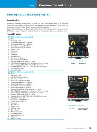 Description
Grandway provides various kinds of tool kits. This professional tool kit is ideal for
communication system construction. It includes all the most frequently need tools and
supplies required for cable sheath removal and fusion splicing.
With these tool kit user can be competent for almost all the projects of FTTx construction,
CATV construction, the construction and maintenance of optical communication system.
　　
Specification
No.
1
2
3
4
5
6
7
8
9
10
11
12
13
14
15
16
17
18
GW-568 tool kit accessories list
Fiber Optic Fusion Splicing Tool Kit
GW-578 tool kit accessories list
No.
1
2
3
4
5
6
7
8
9
10
11
12
13
14
15
16
17
18
19
20
21
22
23
24
25
26
Name
Carrying Case
Straight Screwdriver, 6*100mm
Straight Screwdriver, 5*100mm
Cross Screwdriver, 6*100mm
Cross Screwdriver, 5*100mm
Utility Knife
Scissors
Hacksaw
Tweezers
Black Marker
3m Measuring Tape
Alcohol Dispenser Bottle
Round Cable Slitter, 3mm to 35mm
Fiber Optic Stripper, 2-3mm jacket and 250um coating
Wire Stripper, Ø0.6/0.8/1.0/1.3/1.6/2.0/2.6mm
Hex Key Wrench, 1.5/2.0/2.5/3/4/5/6/8/10mm, 9pcs
Steel Cutting Pliers
Steel Wire Pliers
Name
Carrying Case
Alcohol Dispenser Bottle
Cleaning Swabs
Precision Screwdrivers, 6pcs
Straight Screwdriver, 6*100mm
Straight Screwdriver, 5*100mm
Cross Screwdriver, 6*100mm
Cross Screwdriver, 5*100mm
Longitudinal Buffer Tube Slitter, 1.5~3.3mm
Fiber Optic Stripper, 2-3mm jacket and 250um coating
Wire Stripper, Ø0.6/0.8/1.0/1.3/1.6/2.0/2.6mm
Round Cable Slitter, 3mm to 35mm
Hex Key Wrench, 1.5/2.0/2.5/3/4/5/6/8/10mm, 9pcs
Long Nose Pliers, 6”
Diagonal Cutting Pliers, 7”
Steel Cutting Pliers, 7”
Hacksaw
Black Marker
Utility Knife
Fiber Scriber
Blow Brush
Measuring Tape
Steel Wire Pliers
Adjustable Wrench
Tweezers
Kevlar Scissors
Part Number
GW-568
Description
basic tool kit
Part Number
GW-578
Description
Fiber Optic Fusion
Splicing Tool Kit
74WWW.GRANDWAY.COM.CN
Consumable and toolsTools
 